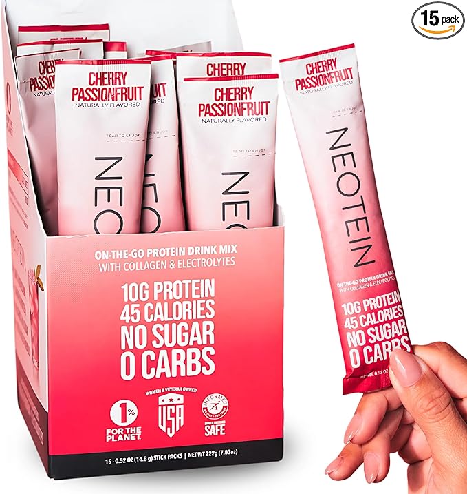 NEOTEIN: Electrolyte Powder Packets, Protein Powder with 10g Protein & Collagen | Hydration Packets - Zero Sugar, NO Fillers, NO Carbs | Cherry Passionfruit | 45 Calories | Keto & Paleo | Pack of 15