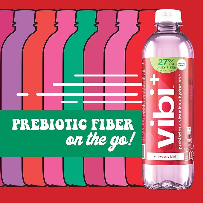 Vibi+ Strawberry Kiwi Prebiotic Water - Digestive Health Support - Sugar Free High Fiber Flavored Drink - Keto, Vegan, Healthy, Low Carb - 16.9 fl oz - Pack of 12