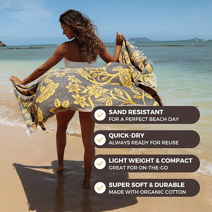 FESHKA Sand Proof Turkish Beach Towel – Oversized, Quick Dry & Lightweight Travel Towel - 100% Organic Cotton Beach Blanket - Perfect for Bath, Pool & Picnic | Gardenia (Yellow/Black)