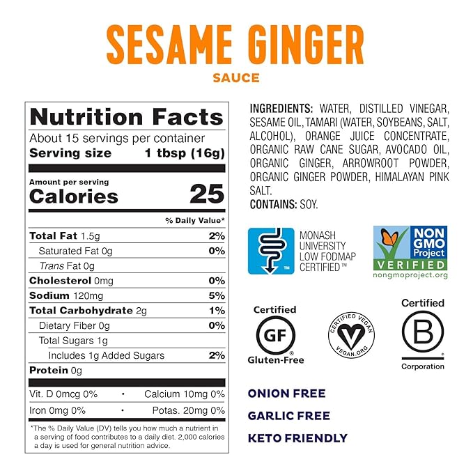 Fody Foods Sesame Ginger Sauce & Marinade, 8.5 Oz, Garlic and Onion Free, Low FODMAP Certified, Gut & IBS Friendly, Vegan, Non-GMO, Gluten Free, Keto Friendly