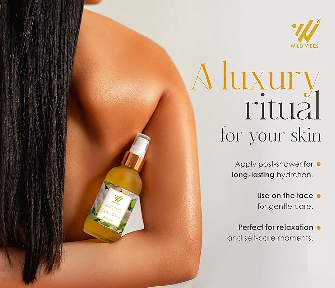 Wild Vibes Gardenia Blooms Organic Luxury Body Oil with Tropical Oils & Lupin Extract – Fast Absorbing Oil for Skin with Floral Scent – After Shower Care for Women 4 oz