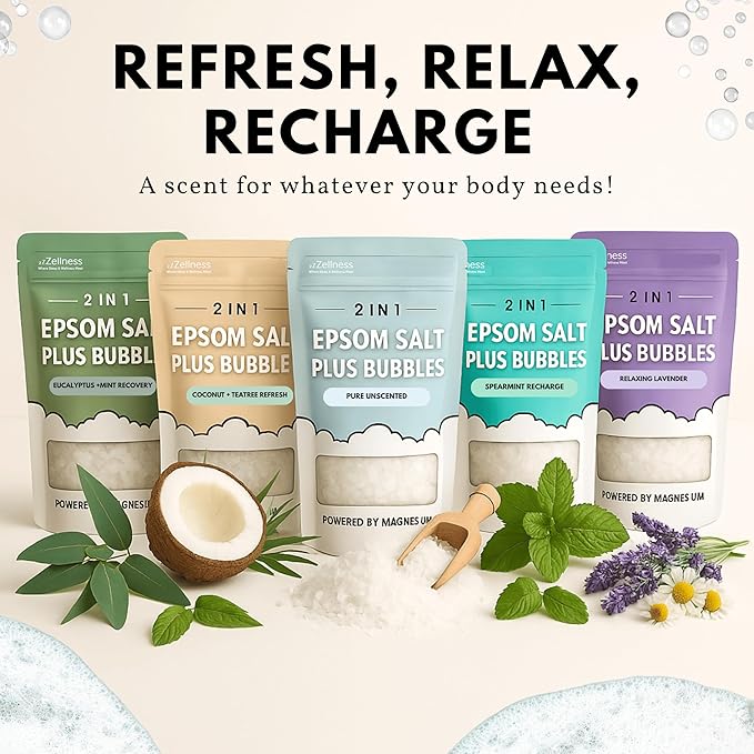 Epsom Salt Plus Bubbles – Pure Unscented Foaming Bath Soak – Magnesium Sulfate for Muscle Recovery, Stress Relief & Relaxation – Great for Aromatherapy – 12 oz