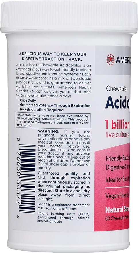 AMERICAN HEALTH Daily Chewable Tablet Acidophilus, 1 Billion Live Cultures, Beneficial Bacteria for The Digestive & Immune Systems, Strawberry, 60 Count