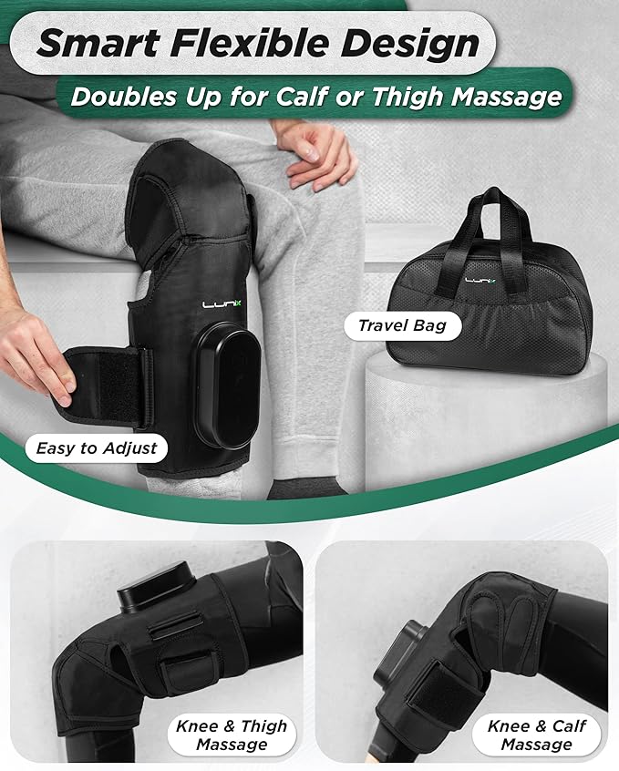Lunix LX4 Knee Massager with Heat and Compression, Rechargeable Thigh, Calf, and Knee Wrap with Cold or Heat Therapy, Leg Brace and Heating Pad, Black