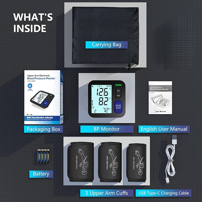 Blood Pressure Machine Upper Arm, 3 Size Cuffs, S, M/L and XL, Small 7"-9", Medium/Large 9"-17" and Extra Large X-Large Cuff 13"-21", Accurate Automatic Digital BP Monitor Home Use, Large Backlit LCD