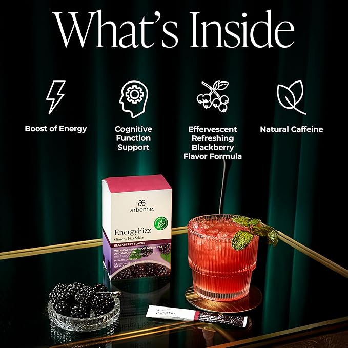 Arbonne Ginseng Energy Supplements - Blackberry Flavor Fizz Sticks, Energy Boost with Caffeine Powder from Guarana and Green Tea, Delicious Alternative to Caffeine Pills