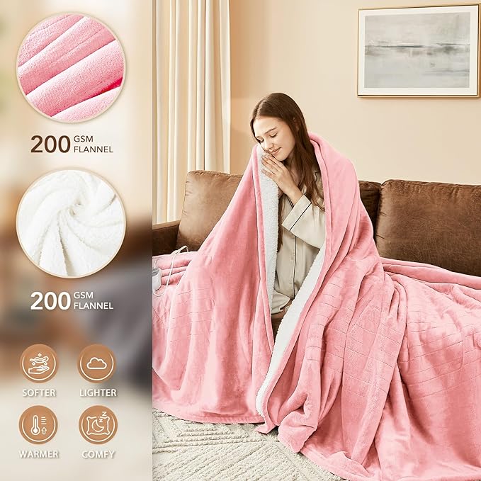 Homemate Electric Heated Blanket King - 100"x90" Heating Bed Blankets Throw with 10 Heating Levels 8 Hours Auto Off Fast Heating Over-Heated Protection Ultra Soft Warm Flannel ETL Certified Pink