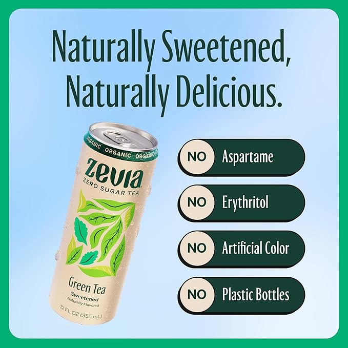 Zevia Zero Sugar Tea, Green Tea, 12 oz Cans (12-Pack) – Naturally Sweetened, Zero Calorie Sugar Free - Non-GMO Project Verified, Gluten-Free, Vegan