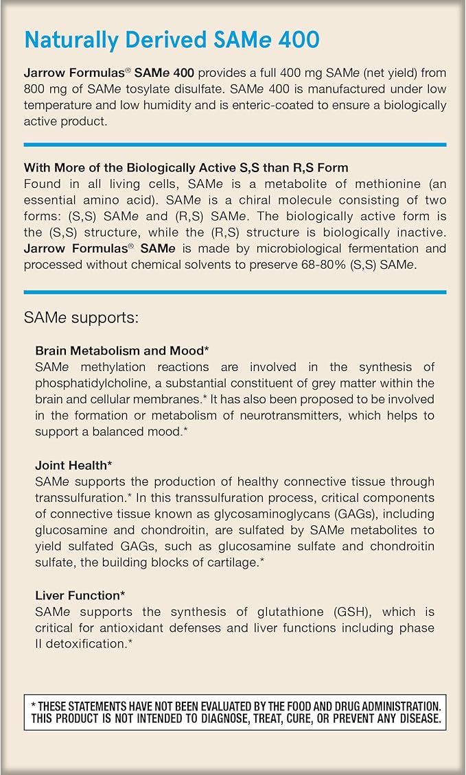 Jarrow Formulas Same 400 mg - 60 Tablets - Highest Concentration of Active S,S Form - Supports Joint Health, Liver Function, Brain Metabolism, Mood & Antioxidant Defense - 60 Servings