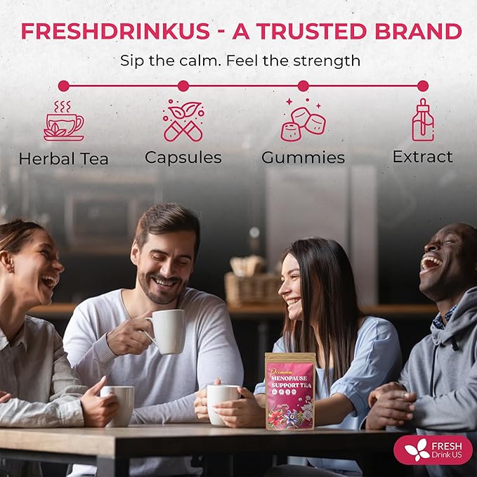 FreshDrinkUS, 40 Tea Bags - Menopause Support Herbal Tea โ Soothing Blend with Rhubarb, Hibiscus, Valerian, Passiflora, Ashwagandha, Fennel & Chamomile, Caffeine-Free, Vegan, Non-GMO