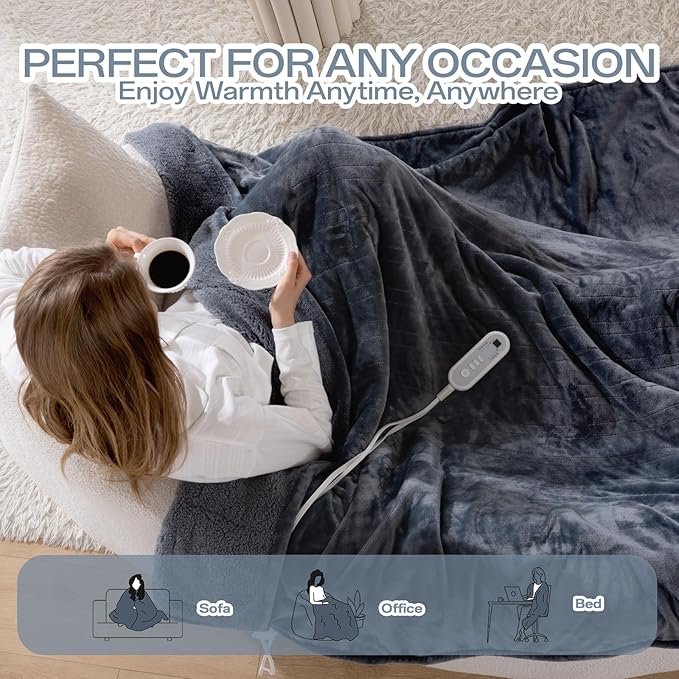 Electric Blanket Heated Twin Size-62" x 84" Heated Blanket with 8 Heat Levels & 10 Hours Auto Off, Fast Heating Flannel Blankets Machine Washable with ETL & FCC Certified, Light Grey