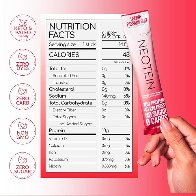 NEOTEIN: Electrolyte Powder Packets, Protein Powder with 10g Protein & Collagen | Hydration Packets - Zero Sugar, NO Fillers, NO Carbs | Cherry Passionfruit | 45 Calories | Keto & Paleo | Pack of 15