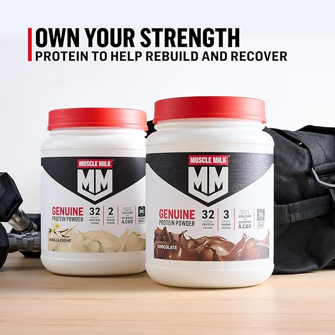 Muscle Milk Genuine Protein Powder, Vanilla Crème, 1.93 Pounds, 12 Servings, 32g Protein, 2g Sugar, Calcium, Vitamins A, C & D, NSF Certified for Sport, Energizing Snack, Packaging May Vary