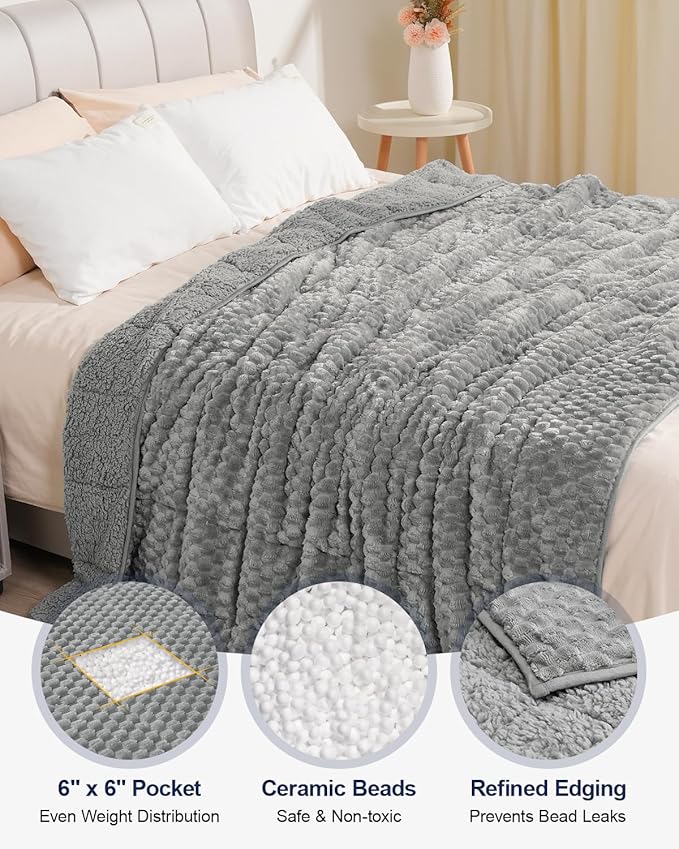 Super Soft Luxury Fleece Sherpa 20 lbs Weighted Blanket for Adults, Turtle Shell Fuzzy Cozy Warm Queen Weighted Throw for Winter, Ceramic Beads Washable Heavy Blankets for Couch Bed, Grey, 60" x 80"