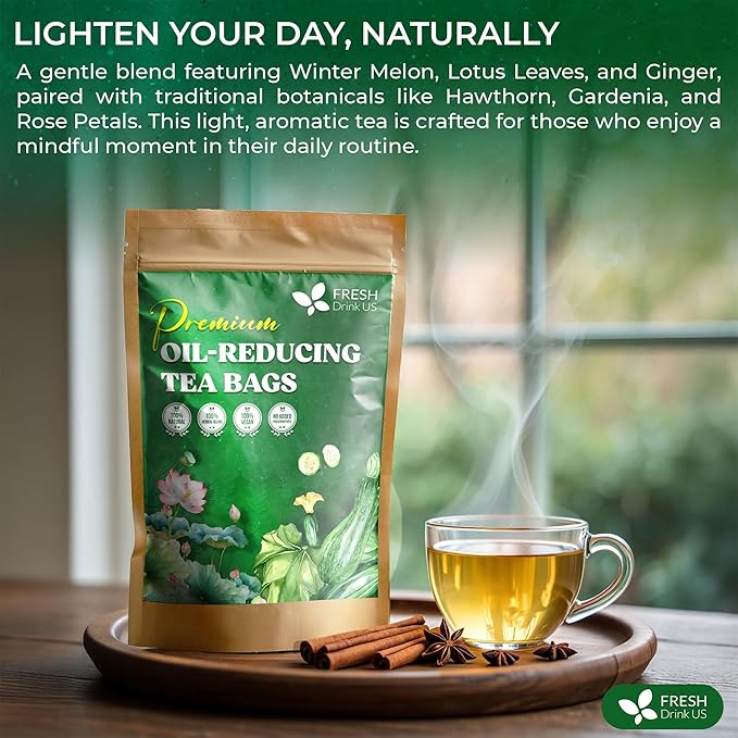 FreshDrinkUS, Oil-Reducing Herbal Tea β 10 Tea Bags | Blend of Winter Melon, Lotus Leaf, Ginger, Hawthorn, Gardenia Fruit, Rose, Cassia Seed & More | Naturally Caffeine-Free | Delicious Hot or Iced