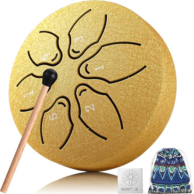 Facmogu 3 Inch 6 Notes Rain Drum for Outside Garden, Steel Tongue Drum Hand Drums with Bag Sticks Music Book, Mini Chakra Drum Musical Education Entertainment Gifts for Kids - Gold (Bowling Pattern)
