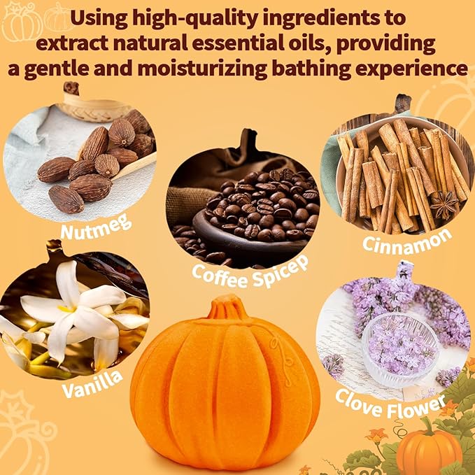 Pumpkin Spice Bath Bombs Gifts for Women&Men-Halloween Boo Spooky Basket Stuffers Giftable Packaging, Natural Organic Relaxing, Vanilla/Coffee/Cinnamon/Nutneg Scent, Pumpkin Shaped Fall Gifts
