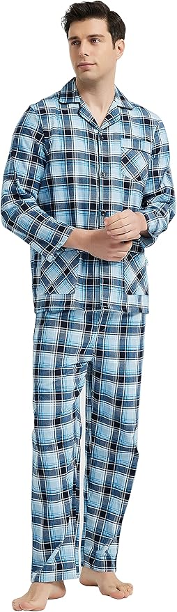 GLOBAL Men's Pajamas Sets 100% Cotton Flannel Sleepwear Long-Sleeve top & Bottom