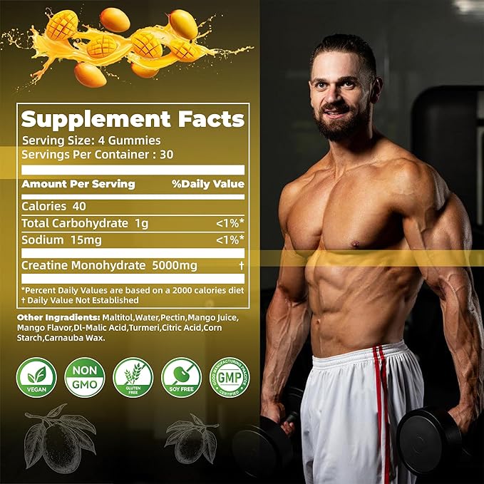 Nutravita Creatine Monohydrate Gummies for Men & Women-5g of Creatine Monohydrate per Serving - Sugar Free,Vegan, Mango Flavor, 120 Count