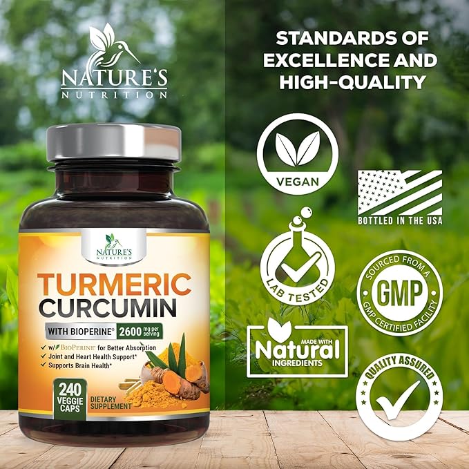 Turmeric Curcumin Supplement 2600mg - 95% Curcuminoids with Organic Turmeric & BioPerine Black Pepper Extract for Best Absorption, Natural Vegan Joint Support, Non-GMO, Bottled in USA - 240 Capsules
