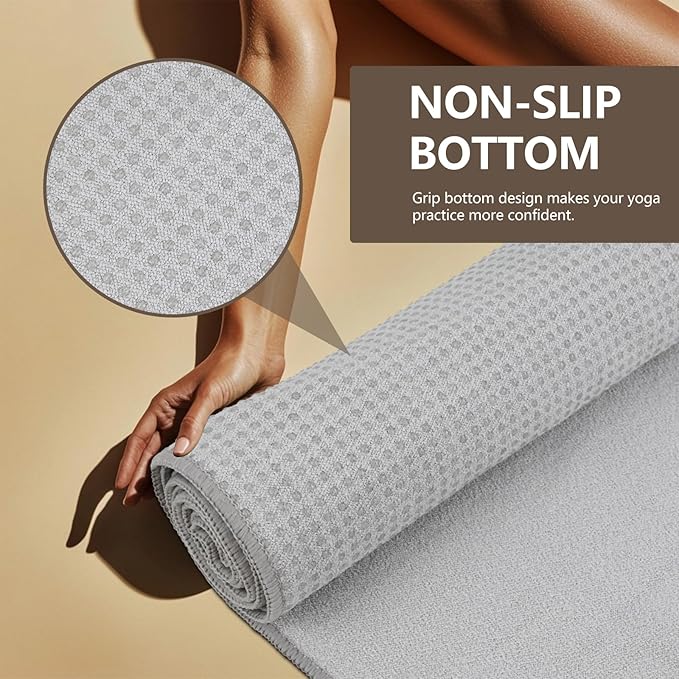 Hot Yoga Towel with Grip Dot, 72" x 24", Absorbent Microfiber Non Slip Yoga Mat Towel for Hot Yoga, Bikram, Pilates, Exercise and Fitness, Grey