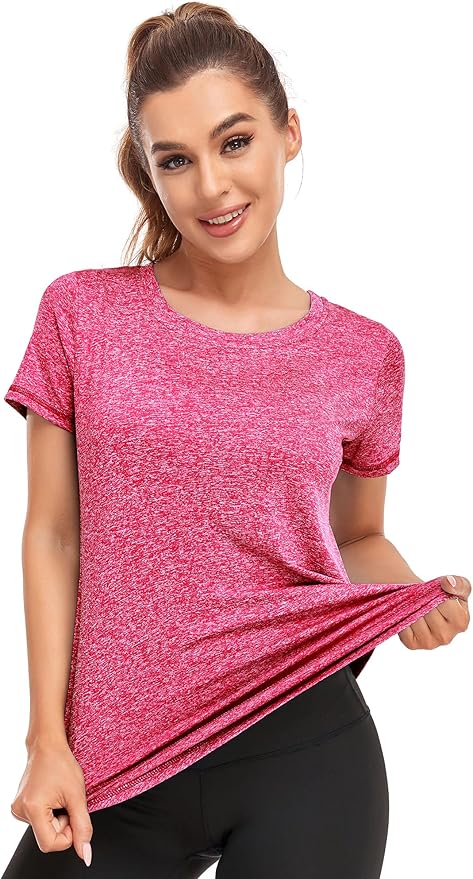 Women's Short Sleeve Workout Shirts Crewneck Sports Yoga Running Dry Fit Tops Side Split Tee