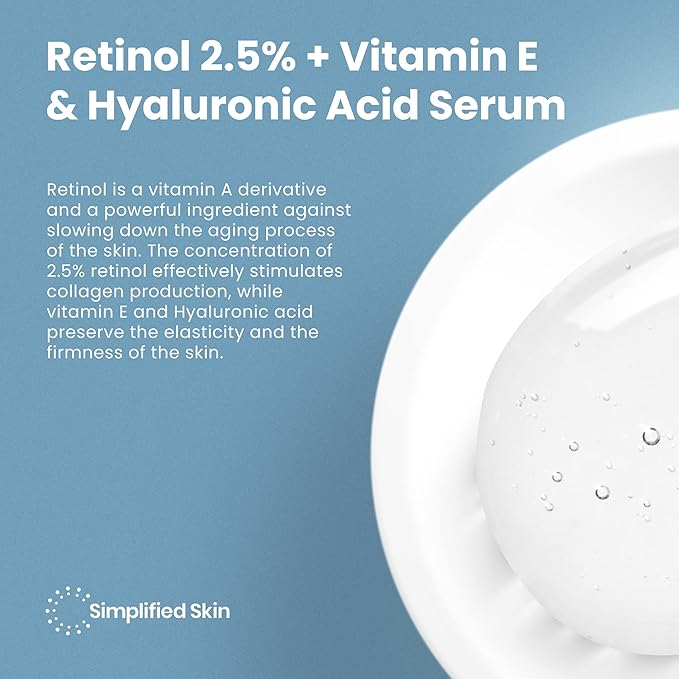 Simplified Skin Retinol Serum for Face – 2.5% Retinol with Hyaluronic Acid – for Acne Marks, Smoothing Fine Lines & Wrinkles – Day & Night Anti-Aging Serum – 2 Fl Oz