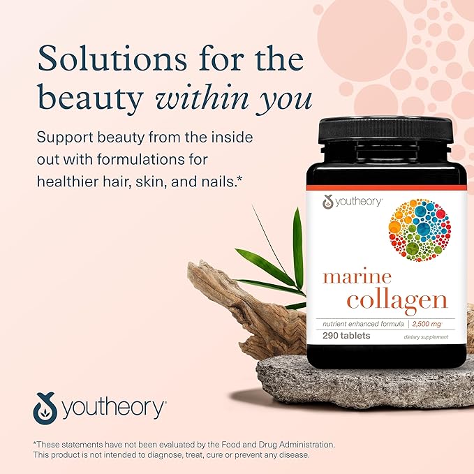 Youtheory Marine Collagen - 2,500 mg Hydrolyzed Collagen - Supports Skin* - Fish-Sourced Collagen - with Vitamin C, A, C, E, B6, B12 & More - Highly Digestible and Absorbable - 290 Tablets (Pack of 2)