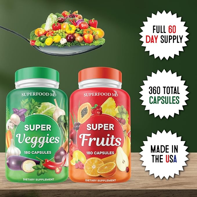 Superfood Fruit and Veggie Supplement - 360 Whole Super Fruit and Vegetable Supplements & Vitamin with Olive Leaf, Soy Free- 180 Count (Pack of 2)