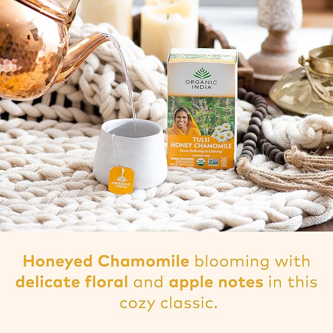 Organic India Tulsi Honey Chamomile Tea Bags - Herbal Tea for Stress Relieving & Calming, Immune Support, Adaptogen, Gluten-Free, USDA Certified Organic, Caffeine-Free - 18 Infusion Bags, 6 Pack