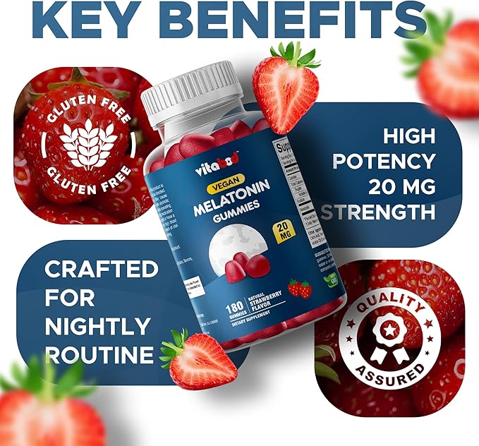 Melatonin 20mg Gummies - 180 Count - Drug Free - Natural Strawberry Flavor - Vegetarian, Non-GMO, Gluten Free (3 Bottles)