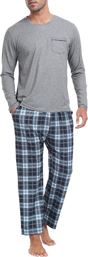 MoFiz Men's Pajamas Plaid Sets Sleepwear Sleep Long Sleeve Shirts and Pants Pajama Set Soft Mens Pjs Lounge Set with Pockets