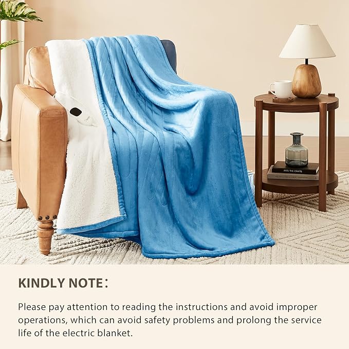 Homemate Heated Blanket Electric Throw - 50"x60" Heating Blanket Throw 1/2/4/6/8 Hours Auto-Off 10 Heat Level Over-Heat Protection Flannel Sherpa ETL Certification
