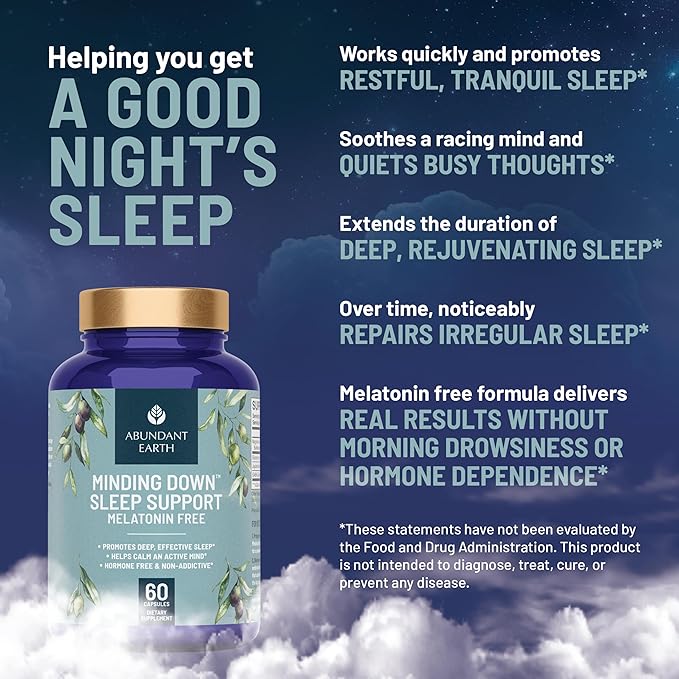 Abundant Earth Natural Sleep Aid for Adults Minding Down Sleep Support Supplement Max Strength Deep Sleep Supplement Without Melatonin to Calm & Restore The Sleeping Cycle + Magnesium, GABA 60ct