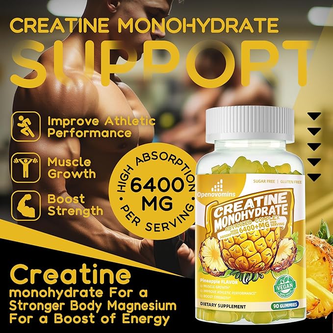 Creatine Monohydrate Gummies Complex for Men & Women -Advanced Formula W/L-Taurine + Vitamin B12, Sugar Free Chewable Supplement,180 Pineapple Gummies 2pack