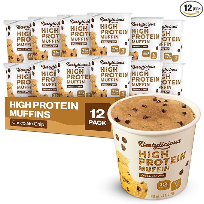 Bootylicious | High-Protein Muffin | 25g Protein, 7g Net Carbs, 1.86-1.76oz Cup, 12-Pack (Chocolate Chip)