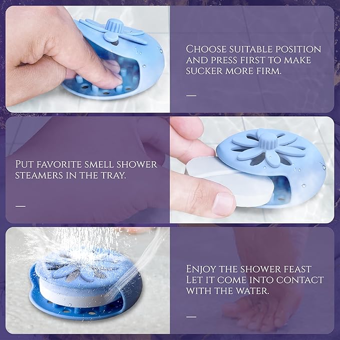 Shower Steamers Tray Blue- Upgrade Shower Steamer Holder Dish with Big Suction Cup, Long Lasting Bath Bombs Shower Accessories, Aromatherapy Diffuser Containers for Bathroom Bedroom Car Yoga Decor