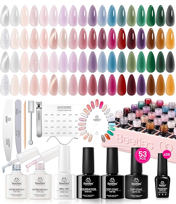 Beetles Jelly Gel Nail Polish Set, 53PCS 36 Colors Jelly Pink Milky White Red Black Blue Green Silver Cat Eye Base Glitter Glossy Matte Top Coat Crystal Ice Collection French Nails Gift for Women