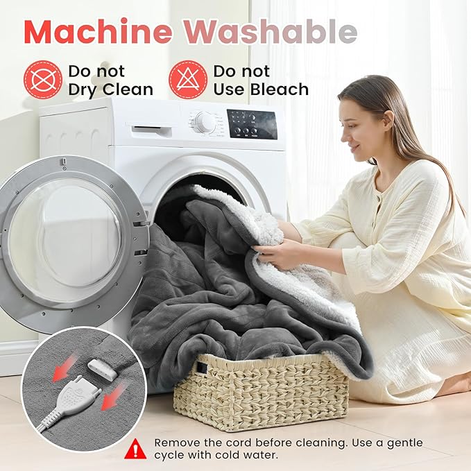 Sunable Heated Electric Blanket - Machine Washable Blanket with Time Settings 10 Heat Settings Queen Size 84×90 inches Grey - Velvet & Sherpa