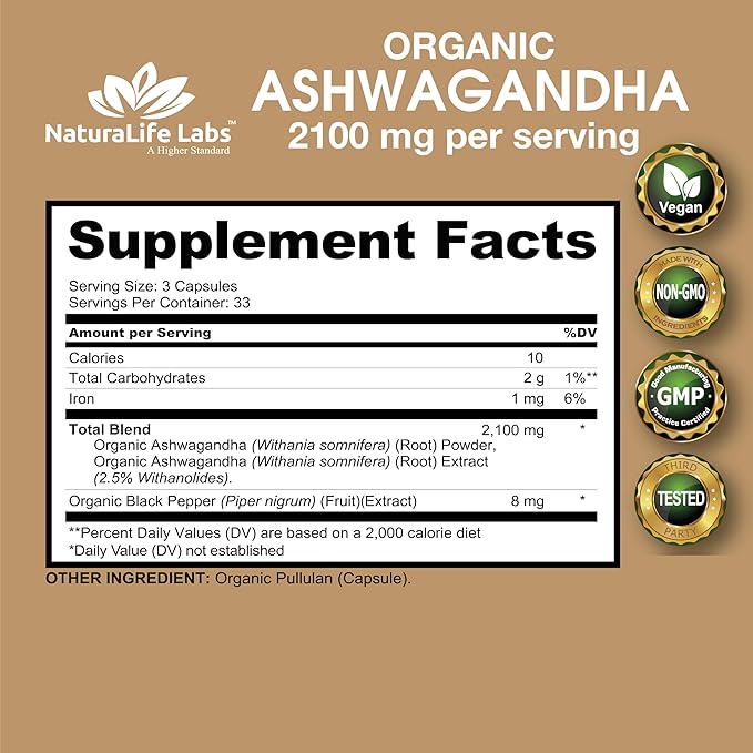 Organic Ashwagandha 2,100 mg - 100 Veggie Capsules Pure Organic Ashwagandha Powder and Root Extract - Stress Relief, Mood Enhancer