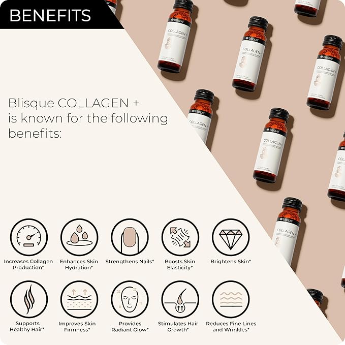 Blisque - Liquid Collagen Tri-Peptide Complex | with Biotin and Hyaluronic Acid | for Hair, Skin, and Nails | 30 Bottles | 30-Day Supply