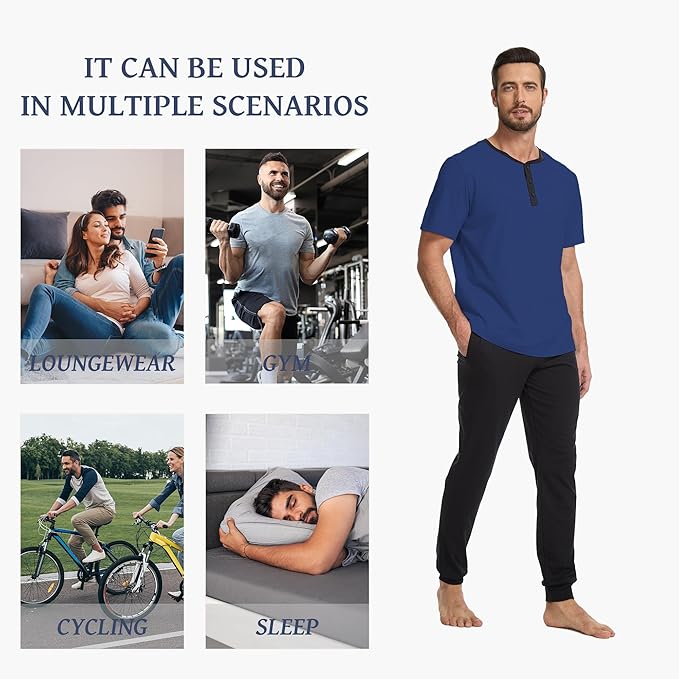 Men's Pajama Set with Henley Neckline 100% Cotton Soft and Comfortable Nightwear 2-Piece Lounge Set