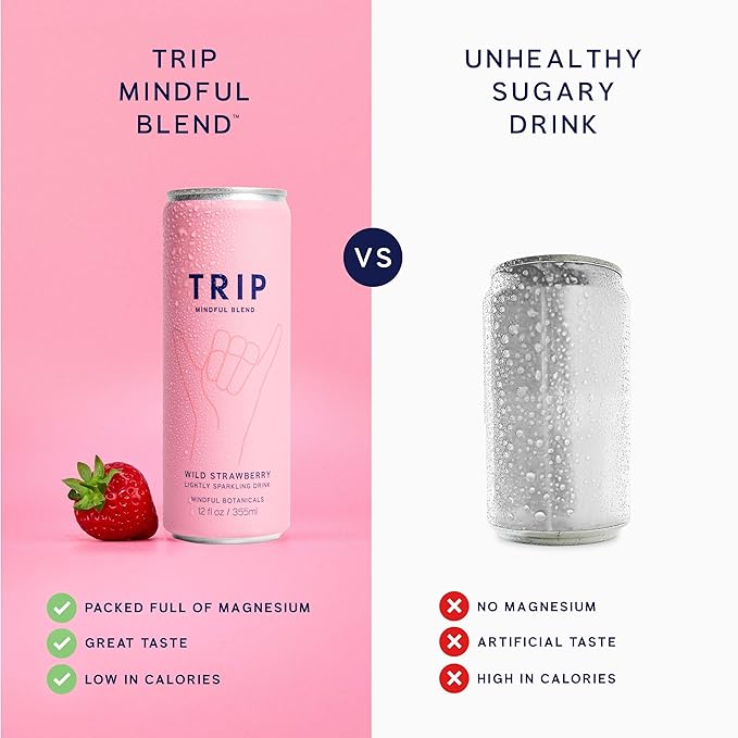Trip Drink Mindful Blend, Lightly Sparkling Adaptogen Seltzer, Adaptogen Drink 120 MG Magnesium Citrate with Ashwagandha, Lions Mane & L Theanine, No Added Sugar, Low Calorie, Vegan, Wild Strawberry, 12 Oz, 12Pk