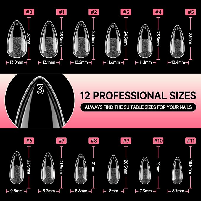 UNA GELLA Medium Almond Nail Tips, 12 Sizes Gel Nail Tips Almond Shape, 120Pcs Pre-file Soft Gel Nails Tips Clear Acrylic Fake Nails Full Cover Nails Tips for Nail Extensions DIY Salon Long Lasting