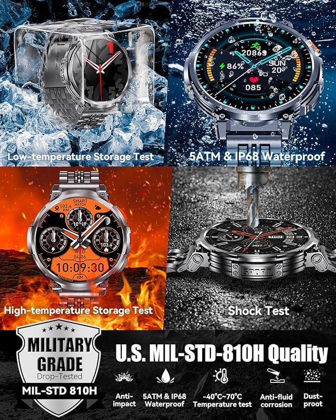 1.85" Big Screen Military Smart Watch for Men with Flashlight, 730mAh Large Battery, IP68 Waterproof, Bluetooth Calling, 114 Sports Modes, Heart Rate/Sleep Monitor for iOS Android