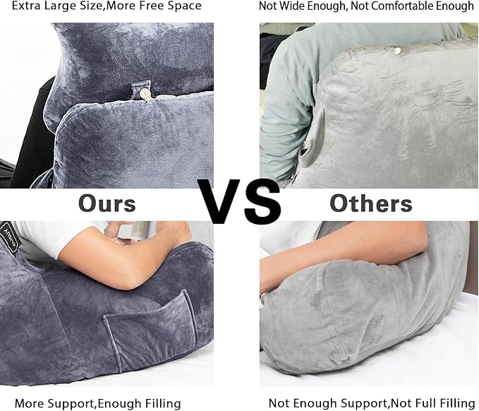 SLIGUY Reading Pillow for Sitting in Bed Couch Adult, Back Pillow with arm Support and Pockets, Adult Back Pillow Bed Chair for Bed Rest, Reading, Watching TV, Gaming for Boys and Girls Dark Grey