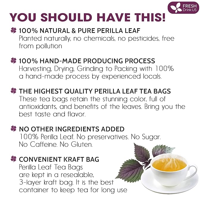 FreshDrinkUS, Premium Perilla Leaf Tea β 40 Tea Bags | 100% Pure Perilla Leaves | Caffeine-Free, Non-GMO, Natural Packaging | Herbal Tea Bags for Daily Enjoyment. Gluten-Free. Sugar-Free. Vegan