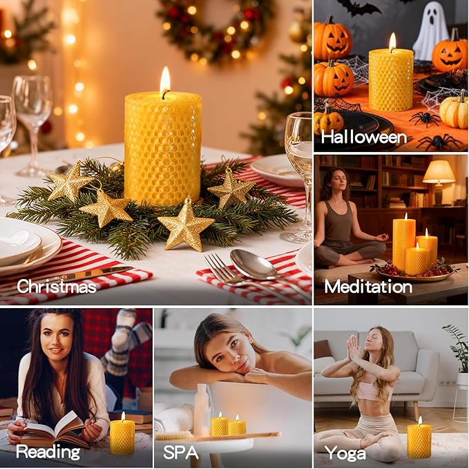 6 Pack Natural Beeswax Pillar Candles,2.8x4in Handmade Beeswax Rolled Candles,192 Hours Long Burning Honeycomb Bees Wax Candle for Gift & Home Decor,Dripless Smokeless Unscented
