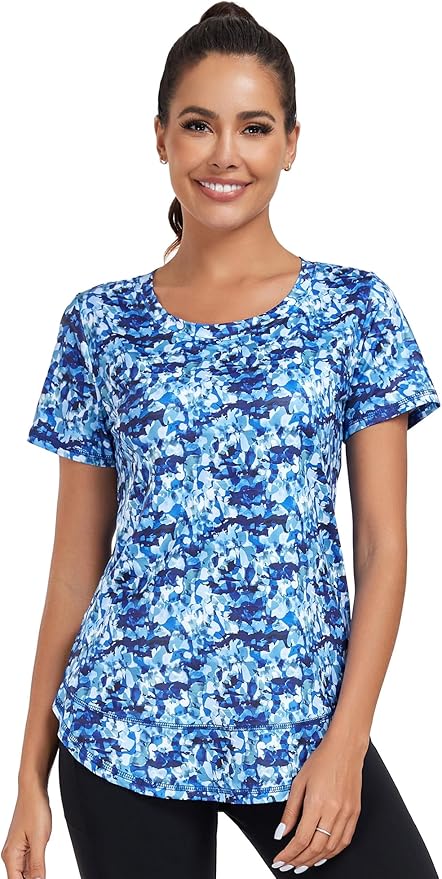 Women's Short Sleeve Workout Shirts Crewneck Sports Yoga Running Dry Fit Tops Side Split Tee
