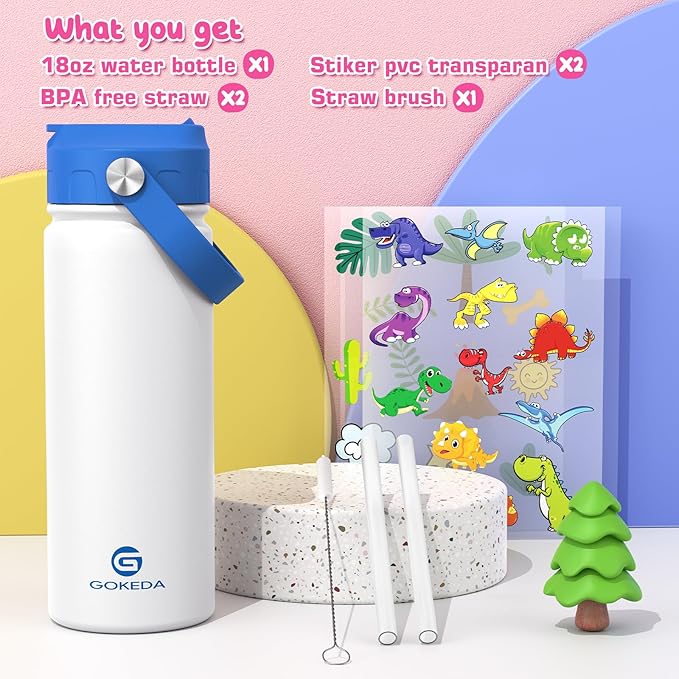 18oz Kids Water Bottle, Insulated Water Bottles with Stickers, 18/8 Stainless Steel Vacuum Leak Proof Straw Cup for School, Gifts for Boys Girls(Blue,White)
